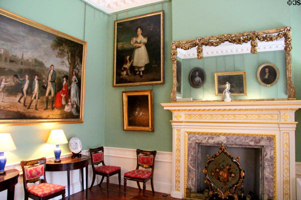 Hunting Room with mirror, fireplace & paintings at Duff House. Banff, Scotland.