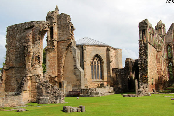 Octagonal chapter house flanked by ruins at Elgin Cathedral. Elgin, Scotland.