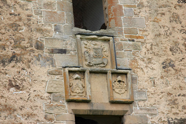 Coats of Arms of three bishops who built palace on David's Tower at Spynie Palace. Elgin, Scotland.