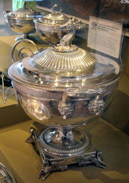 Silver tureen with stag's head handle on cover at Fort George Highlanders' Museum. Fort George, Scotland.