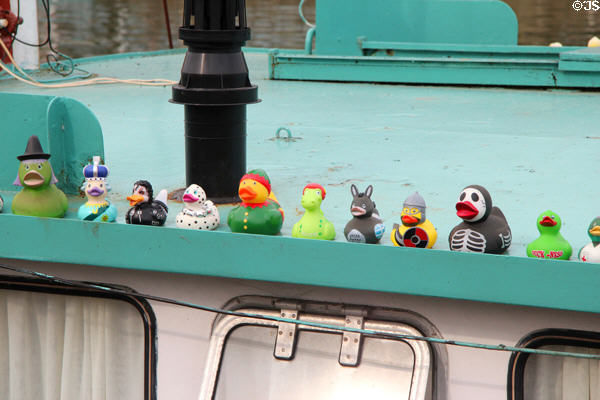 Decorative duck figures arrayed on roof of pleasure boat moored at Floating Harbour. Bristol, England.
