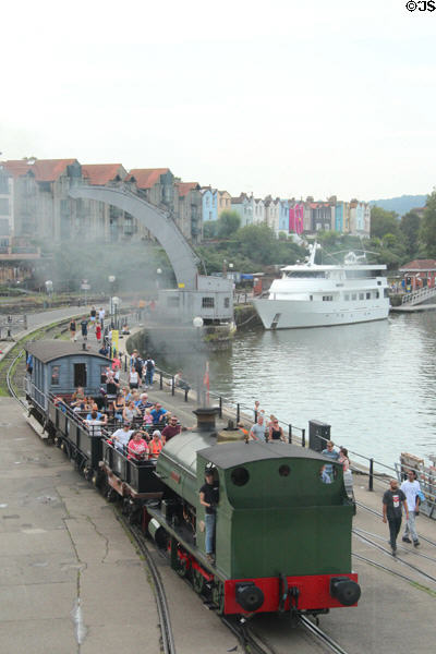 Floating Harbour with vintage pleasure boat & steam train. Bristol, England.