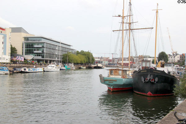 Masted ships docked on Floating Harbour. Bristol, England.