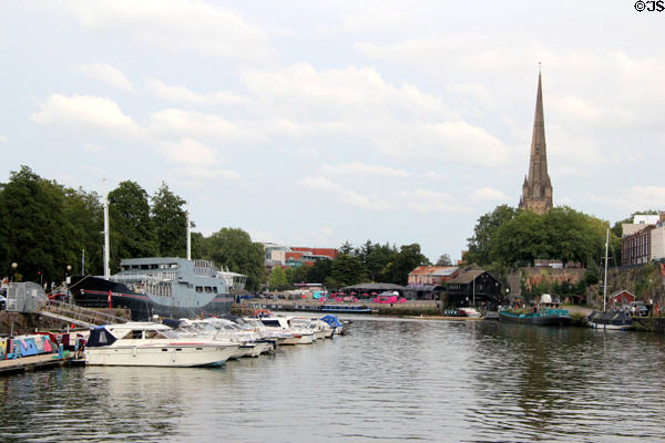 View of Floating Harbour with steeple of St Mary Redcliffe Church in the background. Bristol, England.