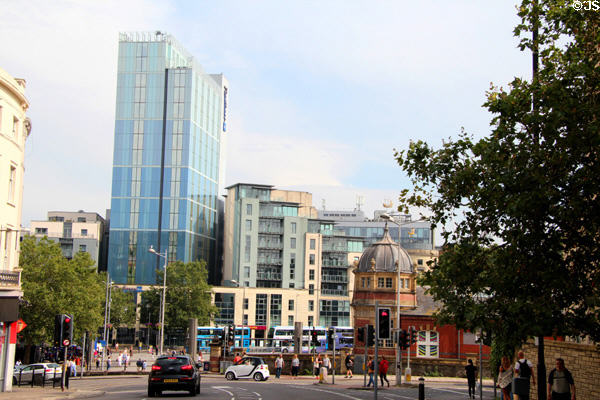 Modern glass fronted high rise building, Radisson Blu Hotel, viewed from Bristol center. Bristol, England.