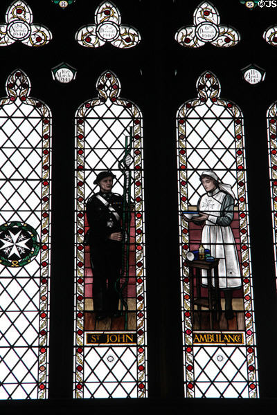 Modern stained glass panels depicting St. John Ambulance during WWII by Arthur Wathen Robinson. Bristol, England.