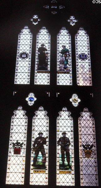 Modern stained glass panels depicting Home Guard during WWII by Arthur Wathen Robinson. Bristol, England.