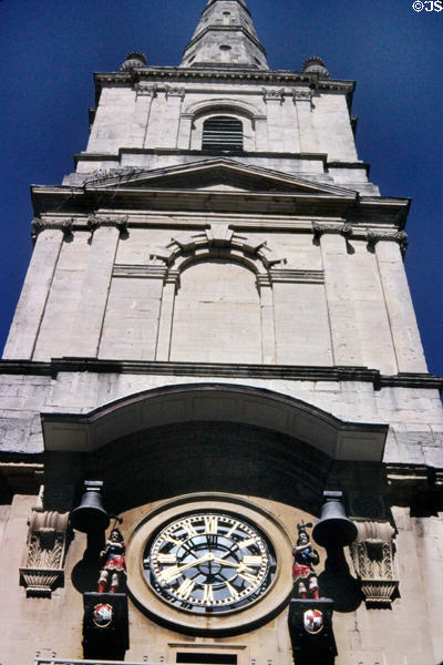 Clock tower of "Christ Church with St Ewan" (1786-91) with two figures which strike the bells on the quarter hour designed by William Paty. Bristol, England.