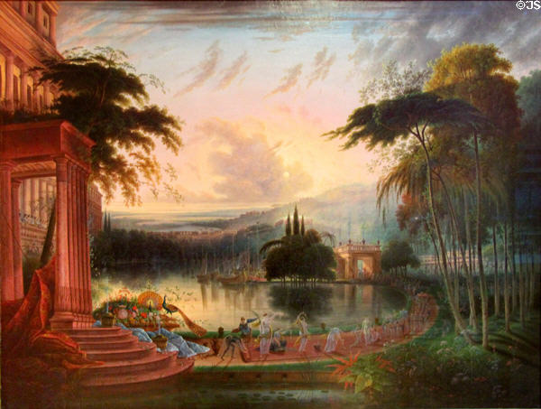 A Romantic Landscape with the Arrival of the Queen of Sheba painting (c1830) by Samuel Colman at Bristol Museum & Art Gallery. Bristol, England.