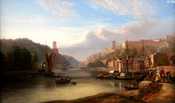 View on the Avon at Hotwells painting (c1840) by Samuel Jackson with Clifton Bridge towers in the distance at Bristol Museum & Art Gallery. Bristol, England.