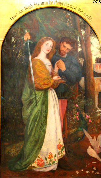 The Guarded Bower painting (1864-6) by Arthur Hughes & based on a verse in Robert Browning's poem "Over my head his arm he flung, against the world" at Bristol Museum & Art Gallery. Bristol, England.