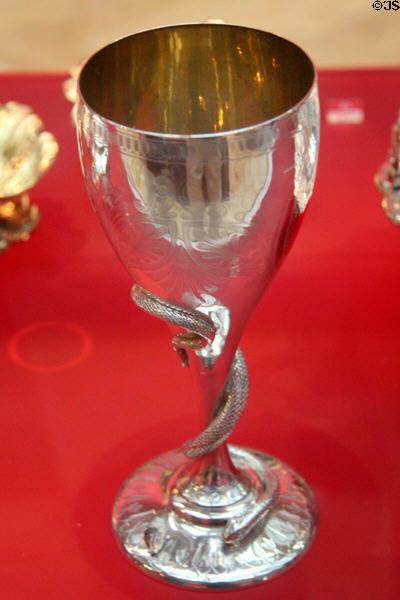 Silver-gilt standing cup with snake twisted around stem (1866-7) by E & J Barnard, London at Bristol Museum & Art Gallery. Bristol, England.