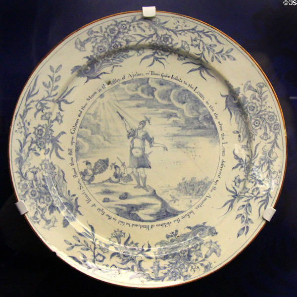 Ceramic dish (c1750) depicting biblical battle at Gibeon, likely made in Bristol, at Bristol Museum & Art Gallery. Bristol, England.