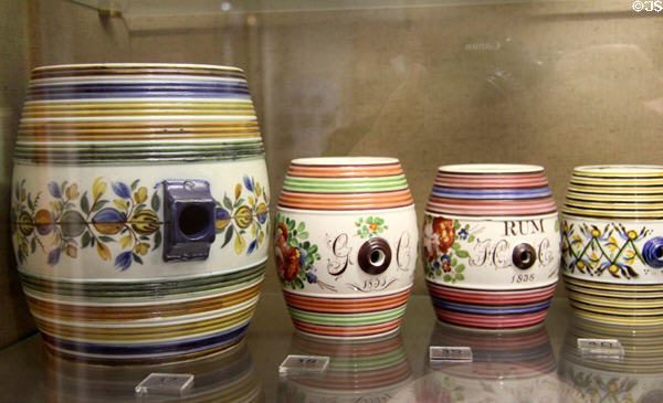 Ceramic barrels used for holding spirits (dated from 1818 to 1838) made by Bristol Pottery at Bristol Museum & Art Gallery. Bristol, England.