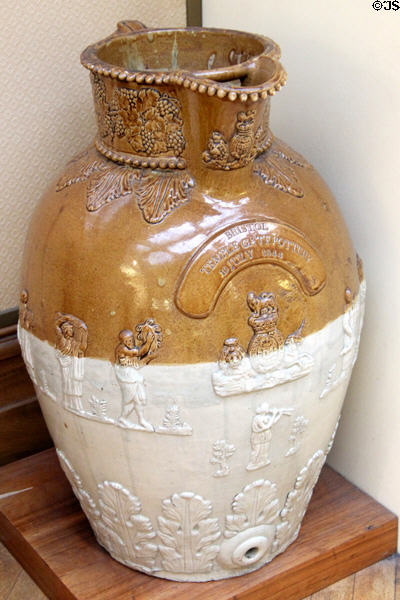 Bristol-glazed stoneware jug (1844), featuring lead-free glaze made by Joseph Turner at W & T Powell, Bristol at Bristol Museum & Art Gallery. Bristol, England.