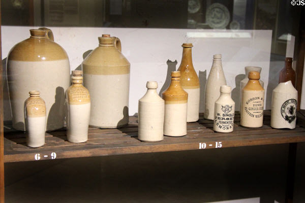 Examples of Bristol stoneware jugs & bottles dating mostly from Victorian era at Bristol Museum & Art Gallery. Bristol, England.
