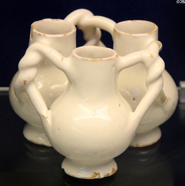 Fuddling Cup (c1630-50) used to trick the drinker into consuming contents of all three jugs, thus becoming "fuddled", made in London, Southwark or probably Rotherhithe at Bristol Museum & Art Gallery. Bristol, England.