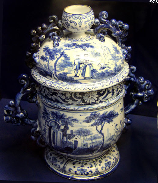 Ceramic posset pot (1700-20) with design resembling delftware, probably made in London, at Bristol Museum & Art Gallery. Bristol, England.