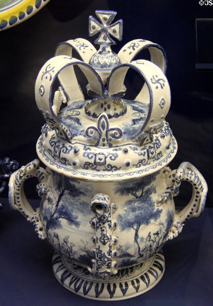 Ceramic posset pot (c1730-50) probably made in London at Bristol Museum & Art Gallery. Bristol, England.