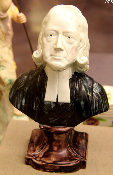 Pearlware bust of John Wesley (1788-98) with colored glazes, original made by Staffordshire potter, Enoch Wood, with this example impressed Ring & Co. at Bristol Museum & Art Gallery. Bristol, England.