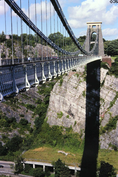Clifton Suspension bridge emphasizing great depth of Avon River gorge. Bristol, England.