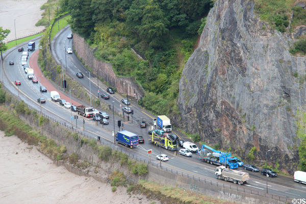 Road along Avon River seen from Clifton Suspension Bridge. Bristol, England.