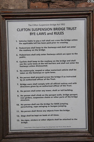 Bye-Laws & Rules (1952) for Clifton Suspension Bridge. Bristol, England.