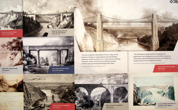Clifton Suspension Bridge museum images of alternate proposed designs. Bristol, England.