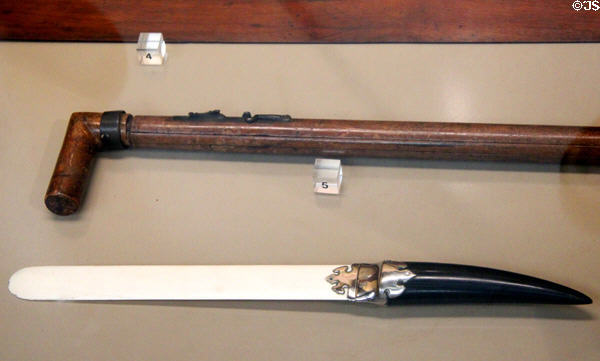 Cane which opened out to become track gauge & paper knife with ivory blade & ebony handle both owned by I.K. Brunel at STEAM Museum of Great Western Railway. Swindon, England.