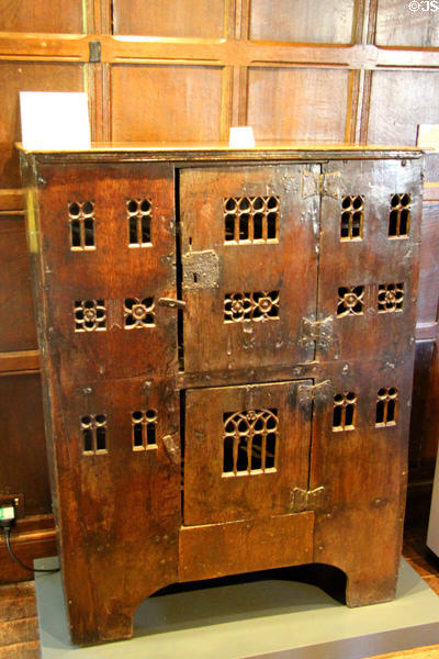 English boarded press or aumbry in oak (early 16thC) at Broadway Museum & Art Gallery. Broadway, England.