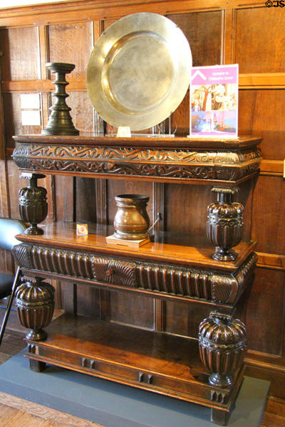 English joined three-tier oak cupboard with shelf supports in form of urns (early 17thC) at Broadway Museum & Art Gallery. Broadway, England.
