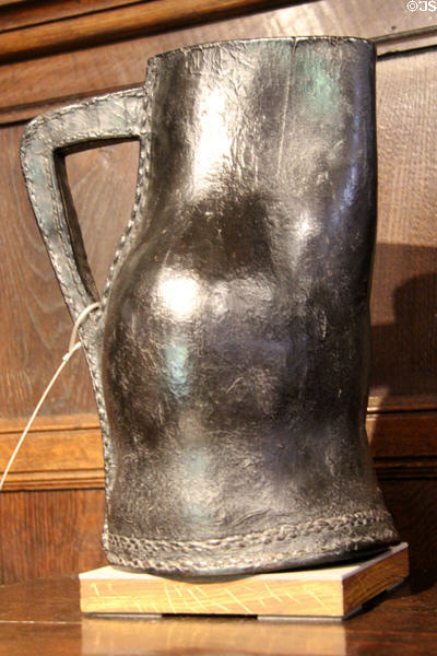 English blackjack (c1700) a leather drink pitcher used in pubs, at Broadway Museum & Art Gallery. Broadway, England.