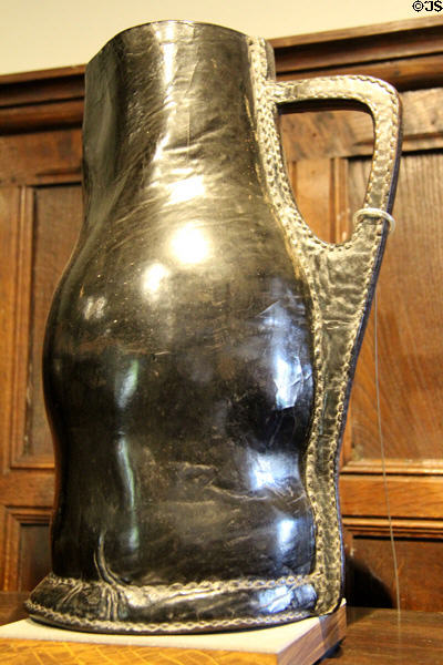 English blackjack (c1700) a leather drink pitcher used in pubs at Broadway Museum & Art Gallery. Broadway, England.