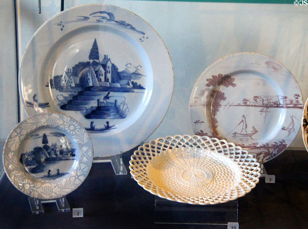 Collection of English 18thC ceramics from Bristol & Staffordshire at Broadway Museum & Art Gallery. Broadway, England.