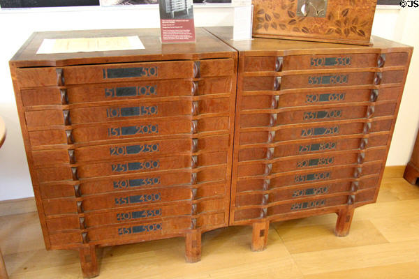Two matching oak plan chests with laburnum wood handles used to store design drawings at Gordon Russell Design Museum. Broadway, England.