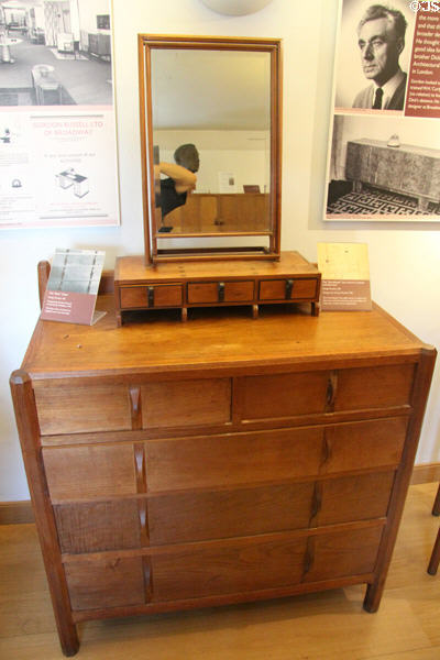 Northleach box table mirror in walnut & laburnum wood (1926) on Stow chest of drawers in English brown oak & cedar (1924) designed by Sir Gordon Russell & made by H. Allaway at Gordon Russell Design Museum. Broadway, England.
