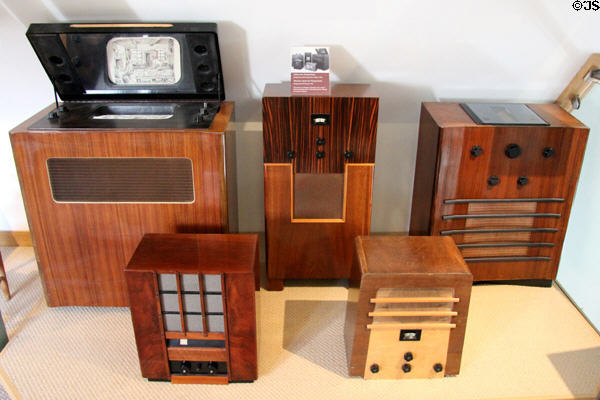 Television & radio cabinets for Murphy Radio designed by R.D. Russell using modern materials & industrial techniques (1930-1952) at Gordon Russell Design Museum. Broadway, England.