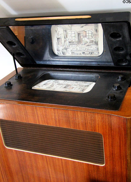 Murphy Radio television set (1937) viewed from an inclined mirror in the lid, designed by R.D. Russell at Gordon Russell Design Museum. Broadway, England.