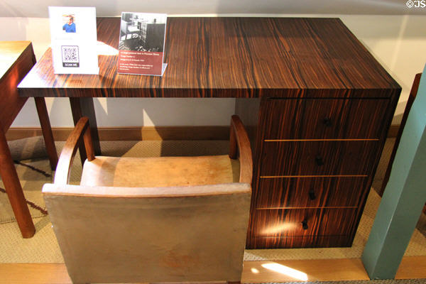 Single pedestal desk in Macassar Ebony (1934) designed by R.D. Russell at Gordon Russell Design Museum. Broadway, England.