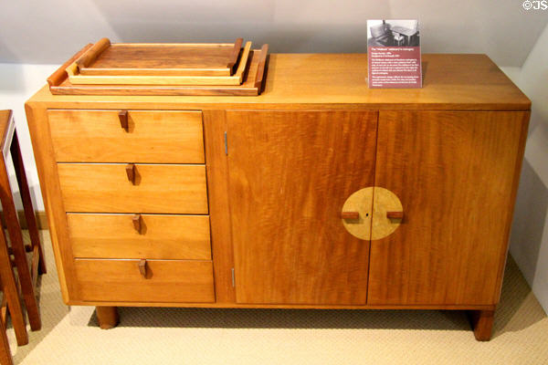 The Welbeck sideboard (1934) made mostly of Honduras mahogany with inlay of root ash on the door, designed by R.D. Russell at Gordon Russell Design Museum. Broadway, England.