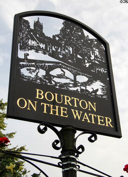 Metal sign depicting the center of the town. Bourton-on-the-Water, England.