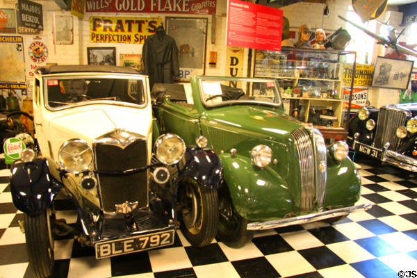 Riley Kestrel (1934) known for its beautiful body work & Standard 8 (1946) so named for its standardized parts at Cotswold's Motoring Museum. Bourton-on-the-Water, England.