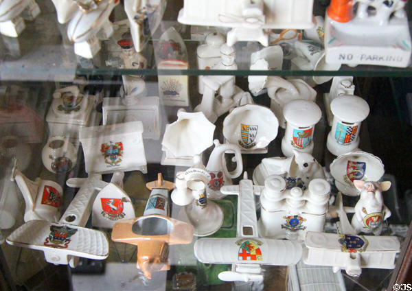 Ceramic souvenirs of propeller planes & other objects at Cotswold's Motoring Museum. Bourton-on-the-Water, England.