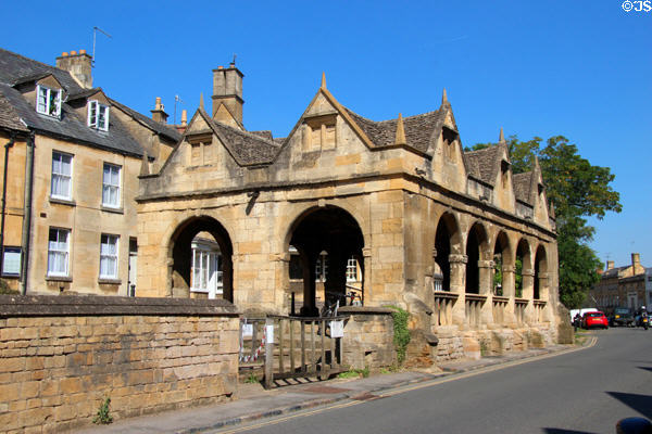 Arched & gabled historic market hall (1627) in town center. Chipping Campden, England.