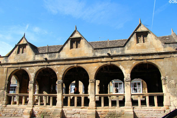 Side view of arches & gables of historic market hall. Chipping Campden, England.