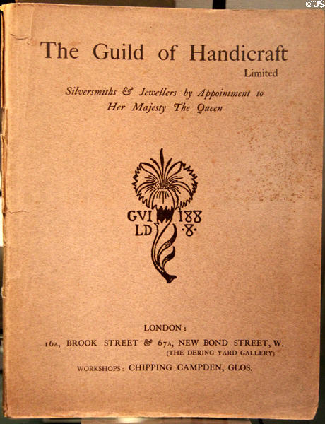 Guild of Handicraft booklet noting workshop in Chipping Campden (1902) at Court Barn Museum. Chipping Campden, England.