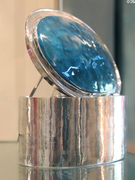 Silver box with blue enamel lid (1899) likely made by Arthur Cameron working under C.R. Ashbee at Court Barn Museum. Chipping Campden, England.
