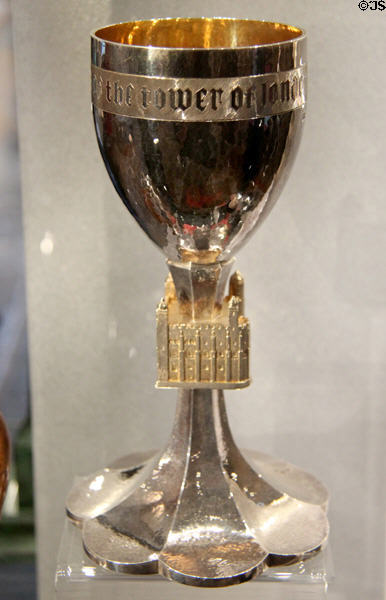 Silver gilt Tower of London goblet (1978) one of a limited edition of 50, commemorating 900th anniversary of the White Tower at the Tower of London made by silversmith, John Limbrey, who worked at Campden workshop with Robert Welch at Court Barn Museum. Chipping Campden, England.