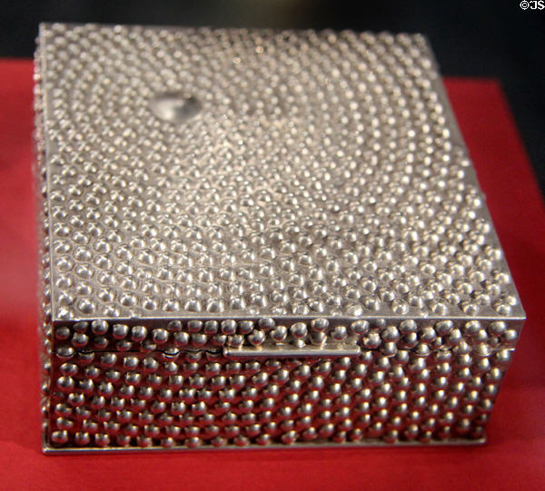 Pebbled silver box (1972) inspired by pebbles on Chesil Beach, by Robert Welch at Court Barn Museum. Chipping Campden, England.