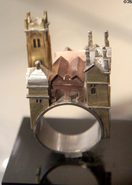 The Chipping Campden Ring (contemporary) represents the town's architectural history, designed by Vicki Ambery-Smith at Court Barn Museum. Chipping Campden, England.